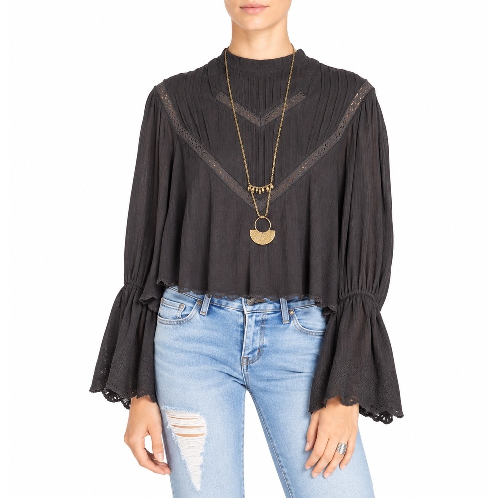 Free People Black Embroidered Bell Sleeve Linen Blend Boho Blouse Medium